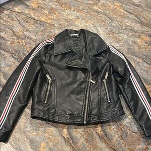 Youth size small Black faux Leather Jacket with Striped Sleeves